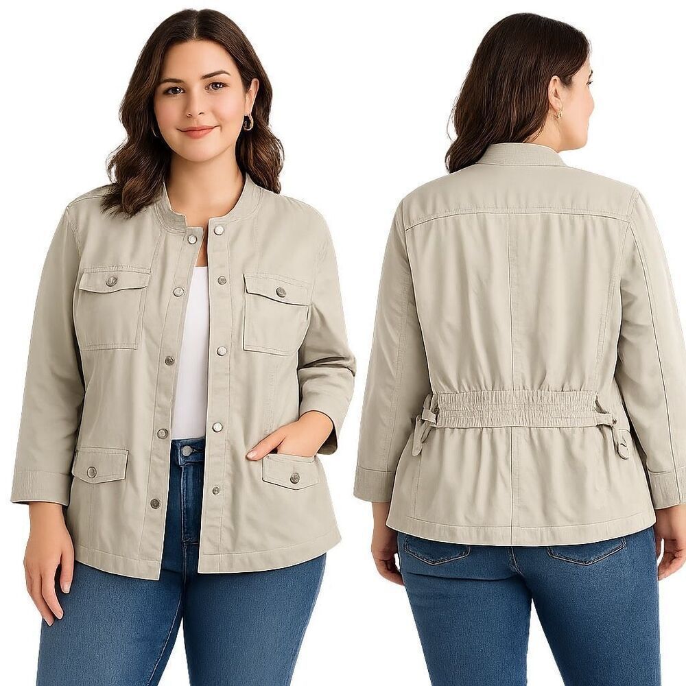Calvin Klein Utility Jacket XL Beige Cotton Button Front Lightweight Women